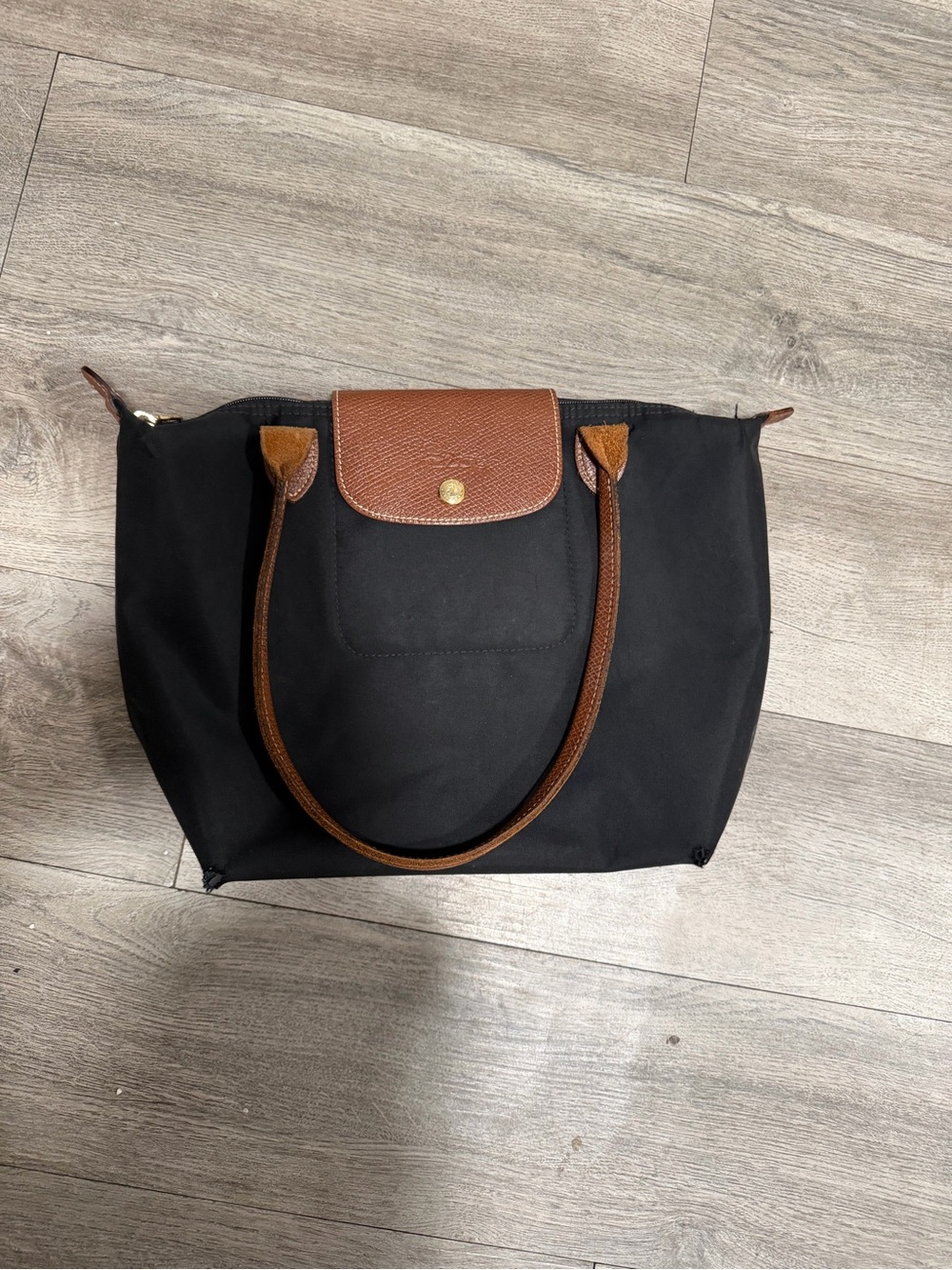 Longchamp Black Tote with Brown Leather Trim
